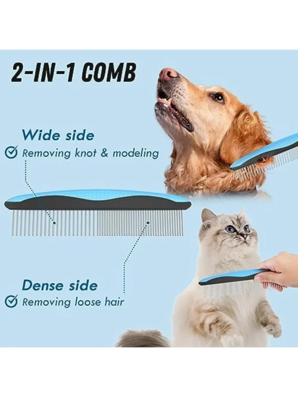 Pet Grooming Combo Set - Blue Deshedding Brush & Metal Comb for Long Fur Care